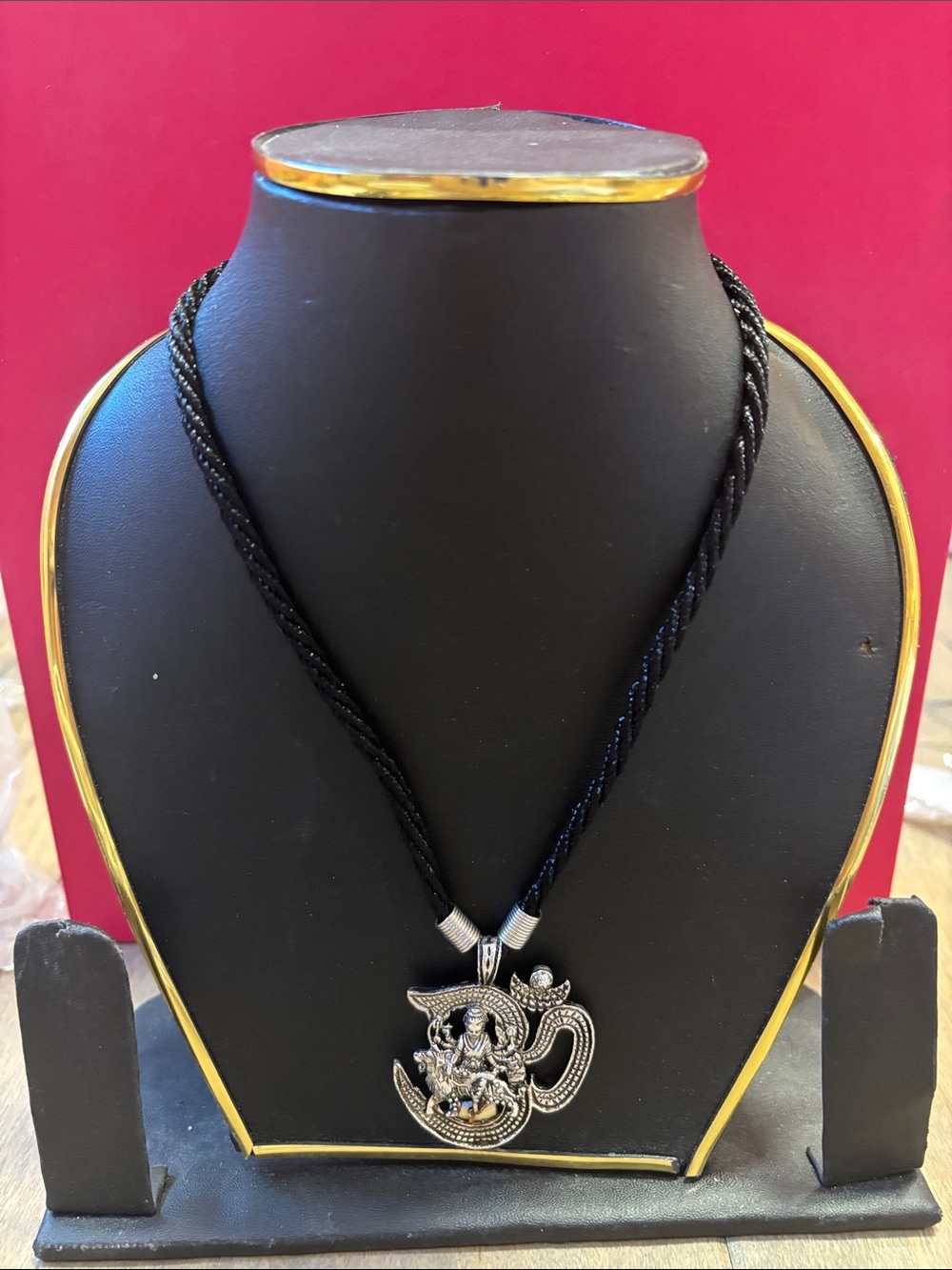Silver Ganesha Pendant on Black Braided Cord Necklace
